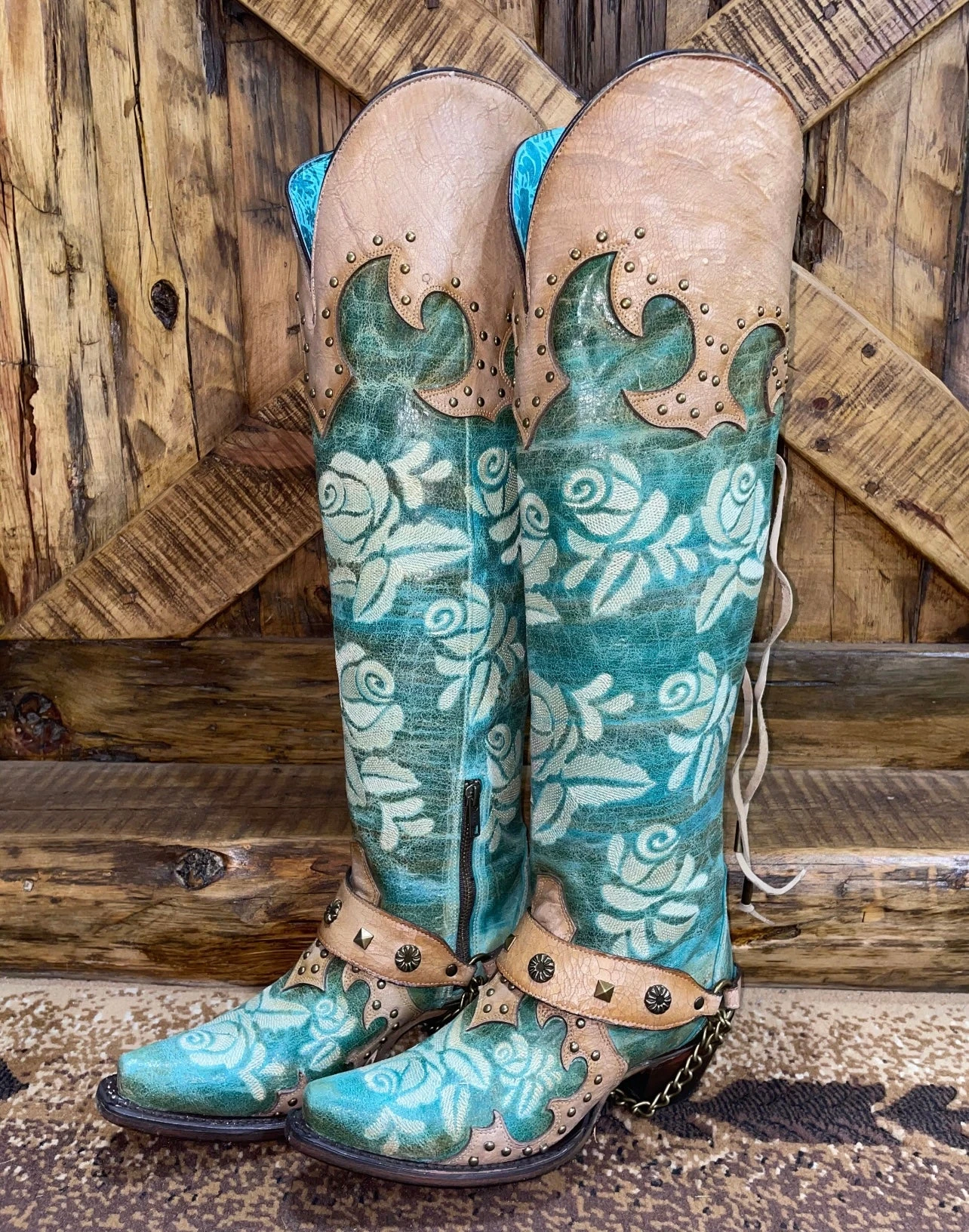 Corral Romance And The Rose Tall Boot- Turquoise/Buckskin 3 Corral Romance And The Rose Tall Boot- Turquoise/Buckskin