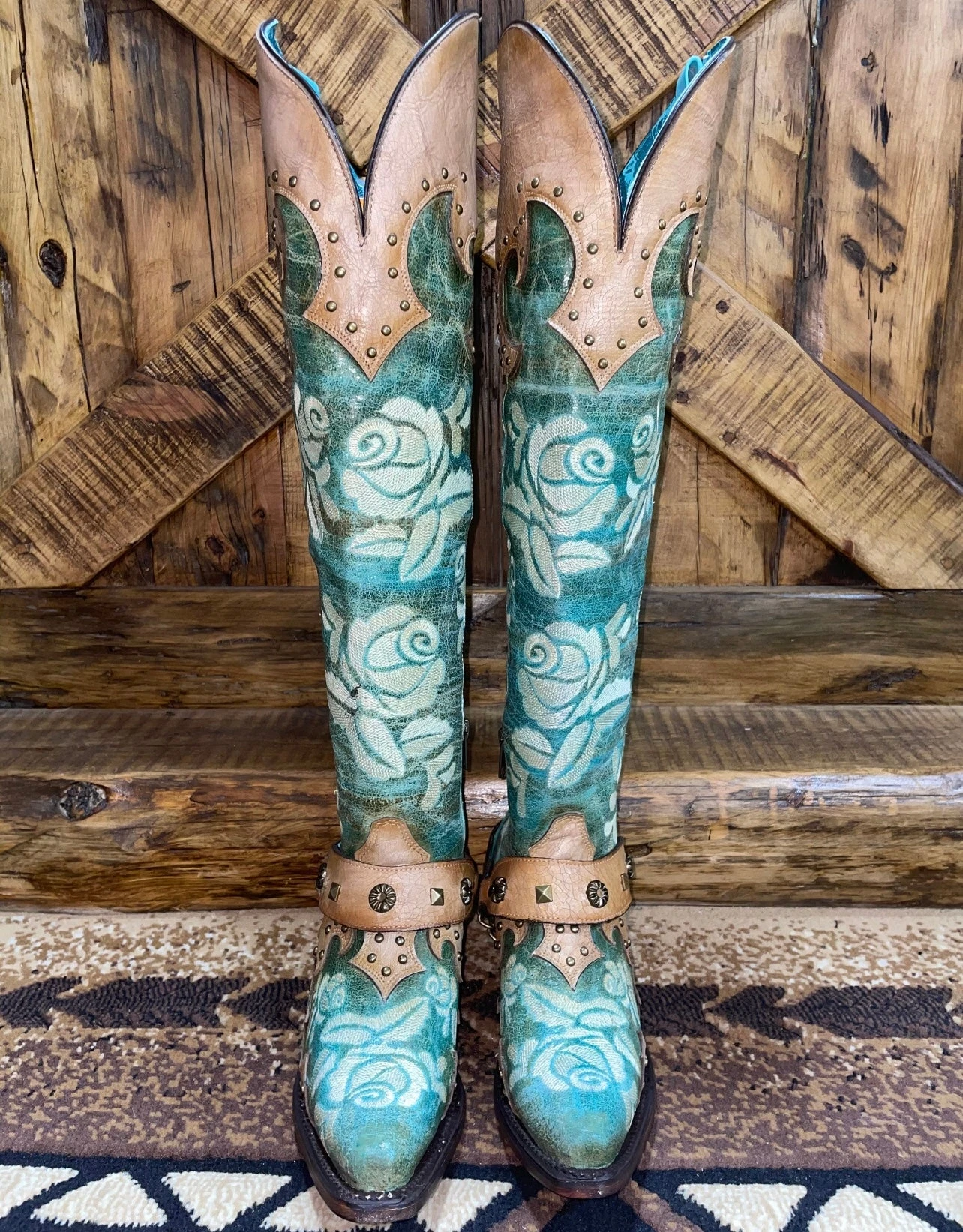 Corral Romance And The Rose Tall Boot- Turquoise/Buckskin 4 Corral Romance And The Rose Tall Boot- Turquoise/Buckskin - Image 2